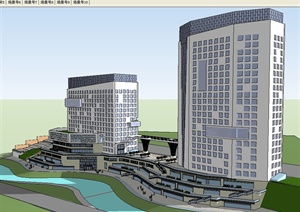 某现代风格滨河商业广场综合体建筑设计SU(草图大师)模型