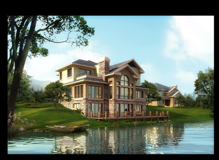 某滨水别墅建筑景观设计效果图psd格式