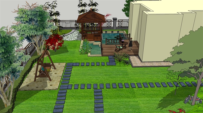 园林景观之现代住庭院花园景观设计方案SU模型(1)