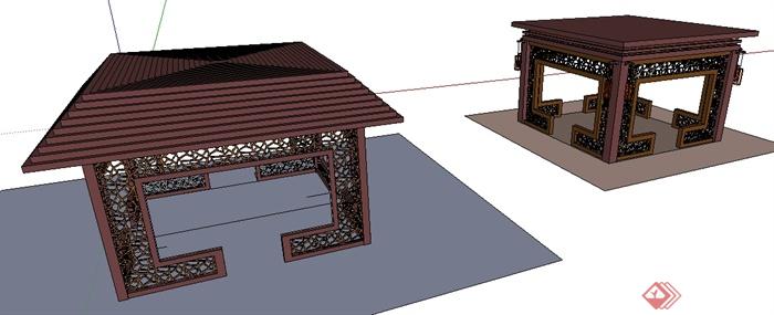 两个中式景观方亭设计整体su模型(1)