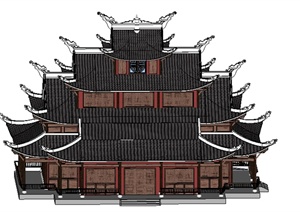 某古典中式财神庙设计SU(草图大师)模型素材
