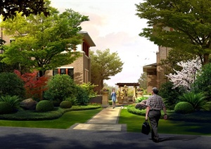 某别墅住宅小区道路绿化景观效果图psd格式
