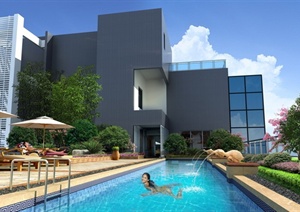 某会所游泳池建筑景观效果图psd格式