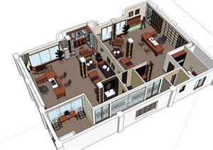 某中式风格办公楼层整体室内装饰设计SU(草图大师)模型