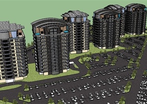 某小高层住宅小区以及停车场建筑设计SU(草图大师)模型