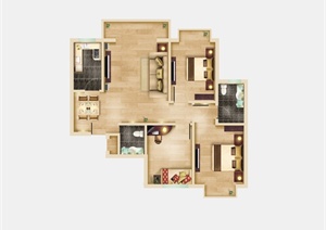某住宅三室一厅一厨两卫三阳台户型平面设计图PSD格式
