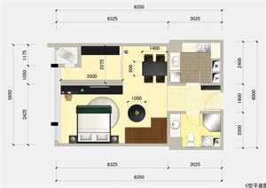 某一室一厅一厨一卫室内设计平面户型图psd格式
