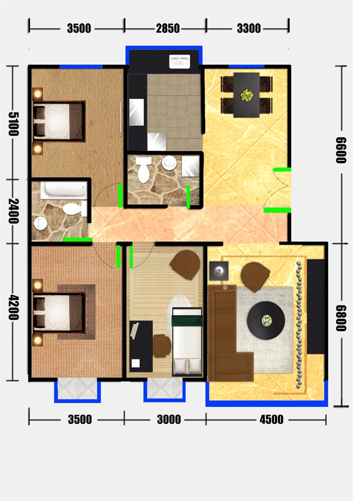 某三室兩廳一廚兩衛室內設計戶型圖psd格式,圖層分層清晰,空間布 