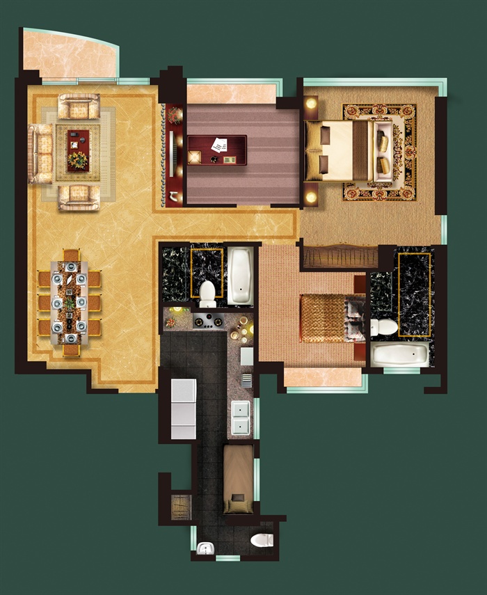 某三室一厅住宅装饰设计PSD方案图