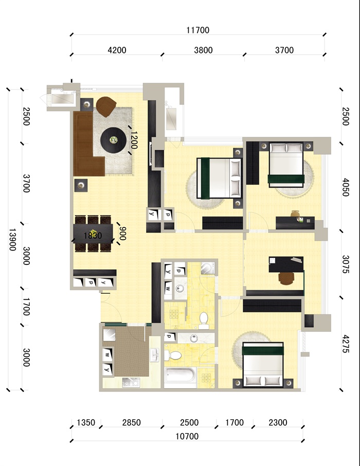 某三室一厅住宅室内设计PSD方案图