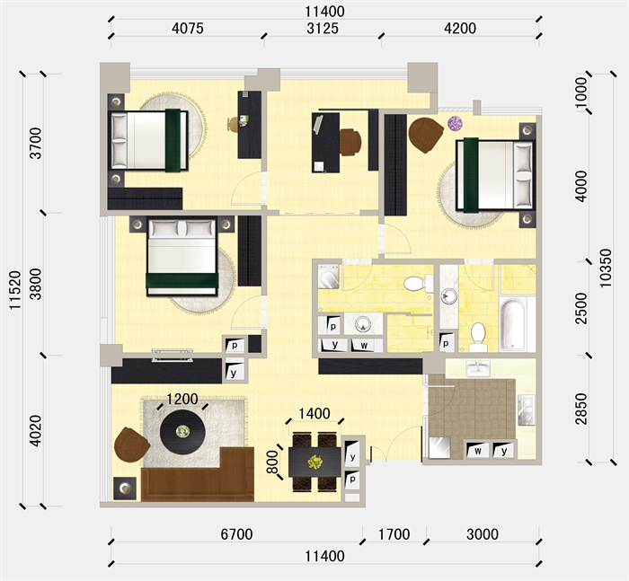 某四室一厅一厨两卫室内设计户型平面图psd格式