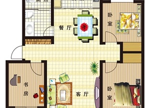 某三室两厅一厨一卫室内设计户型平面图psd格式