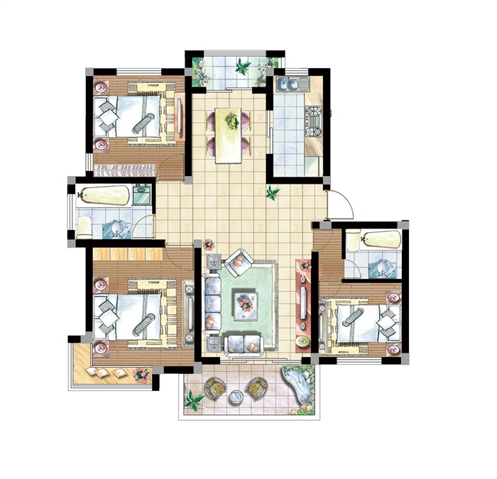 某三室两厅一厨两卫室内设计户型平面图psd格式