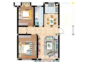 某两室两厅一厨一卫室内设计Psd户型图