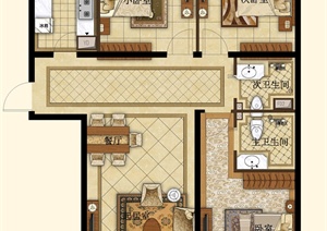 某三室住宅室内设计方案图PSD格式