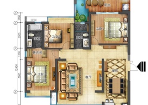 某三室一厅住宅室内设计方案图PSD格式