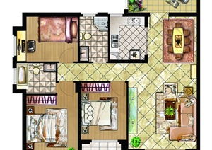 某三室两厅一厨两卫室内设计平面户型图psd格式