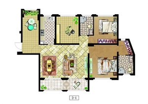 某三室一厅两卫一厨两阳台户型平面设计图PSD格式