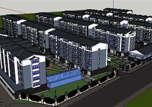 某中式6层住宅小区建筑设计整体SU(草图大师)模型