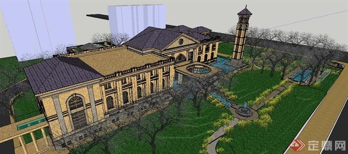 某法式会所建筑设计su模型（含入口标志墙）(3)