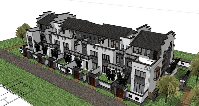 某新中式连排别墅住宅建筑设计su模型