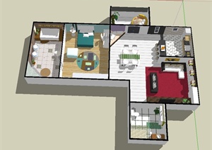 某一室一厅住宅室内设计SU(草图大师)模型1