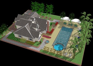 某新中式别墅建筑设计SU(草图大师)模型（带景观）