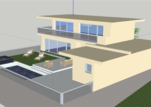 某现代住宅别墅建筑设计SU(草图大师)模型（附游泳池庭院）