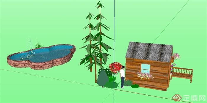 某园林景观节点水池、工具房、座椅组合SU模型(2)