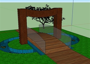 某木质园林小桥设计SU(草图大师)模型素材