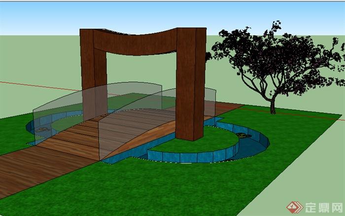 某木质园林小桥设计SU模型素材(2)