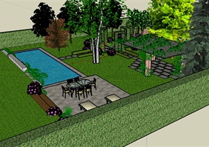 园林景观之庭院花园廊架、游泳池、桌椅设计SU(草图大师)模型