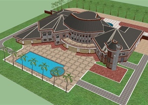 某酒店建筑设计SU(草图大师)精细模型（带景观）