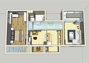 某现代风格两室两厅室内设计SU(草图大师)模型（含吊顶模型）