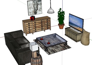 某室内空间客厅家具陈设组合SU(草图大师)模型