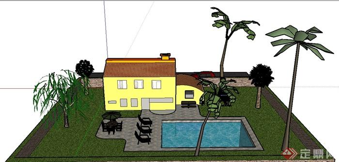 某现代二层住宅建筑景观设计SU模型(2)
