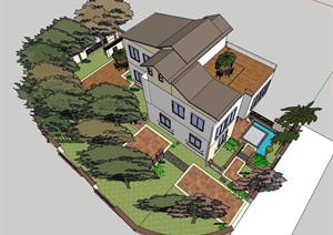 某别墅楼建筑设计SU(草图大师)模型（带庭院）