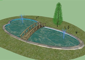 某现代景观木桥、喷泉水池设计SU(草图大师)模型
