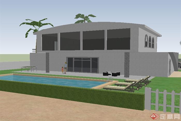 某小型别墅建筑设计SU模型（含泳池）(1)