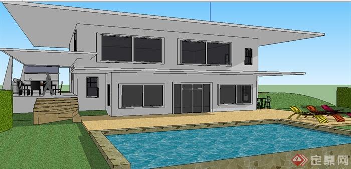 某2层别墅建筑设计SU模型（含泳池）(2)