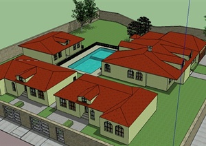 某欧式住宅别墅住宅建筑带游泳池设计SU(草图大师)模型