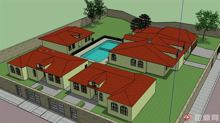 某欧式住宅别墅住宅建筑带游泳池设计su模型(1)