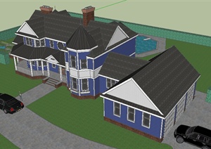 某欧式住宅别墅建筑设计带游泳池、景观亭SU(草图大师)模型