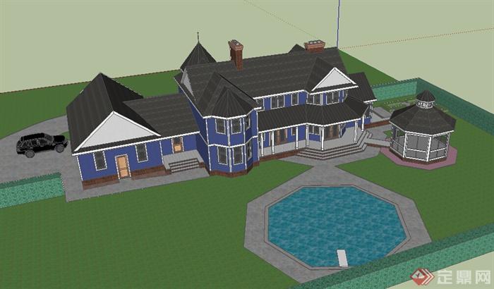 某欧式住宅别墅建筑设计带游泳池、景观亭su模型(2)