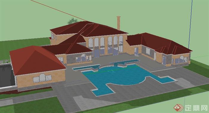 某欧式风格别墅建筑带游泳池水景设计su模型(2)