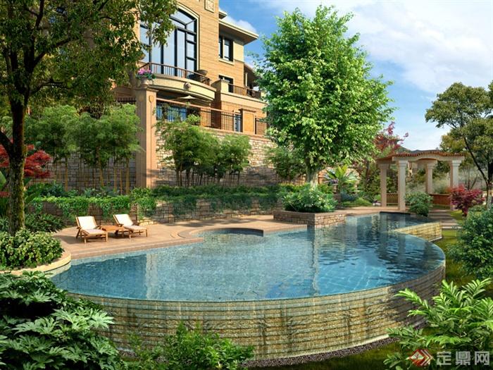 某别墅庭院内游泳池景观效果图psd格式