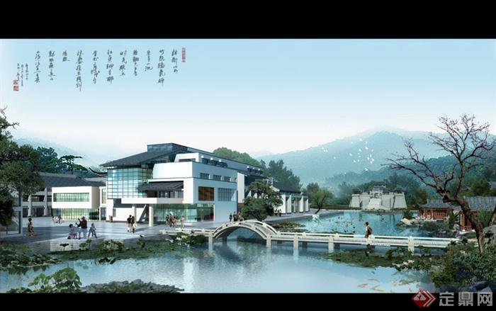 某现代中式旅游景区建筑景观效果图psd格式
